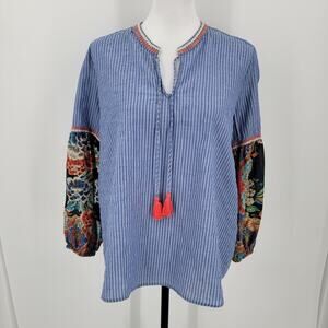 Johnny Was Workshop Blouse Womens Small Silk Cotton Embroidered Floral Striped